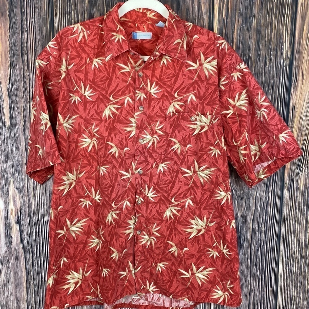 Men’s Half Moon Bay Cotton Red Button Down With Bamboo Leaf Pattern- Size Lg